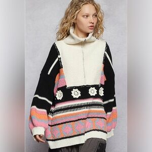 POL Half-Zip Patchwork Chenille Sweater Women's Size S Chucky Boho Casual  Dc
